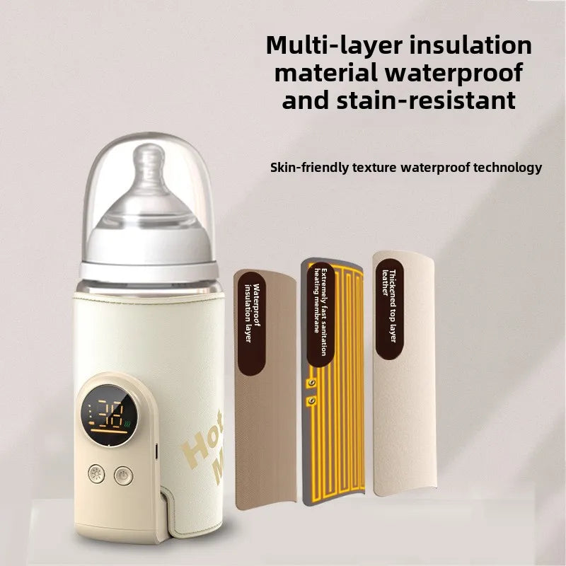"Scaldabiberon wireless SmartBottle, compatto e ricaricabile, in bianco con display digitale, perfetto per viaggi."