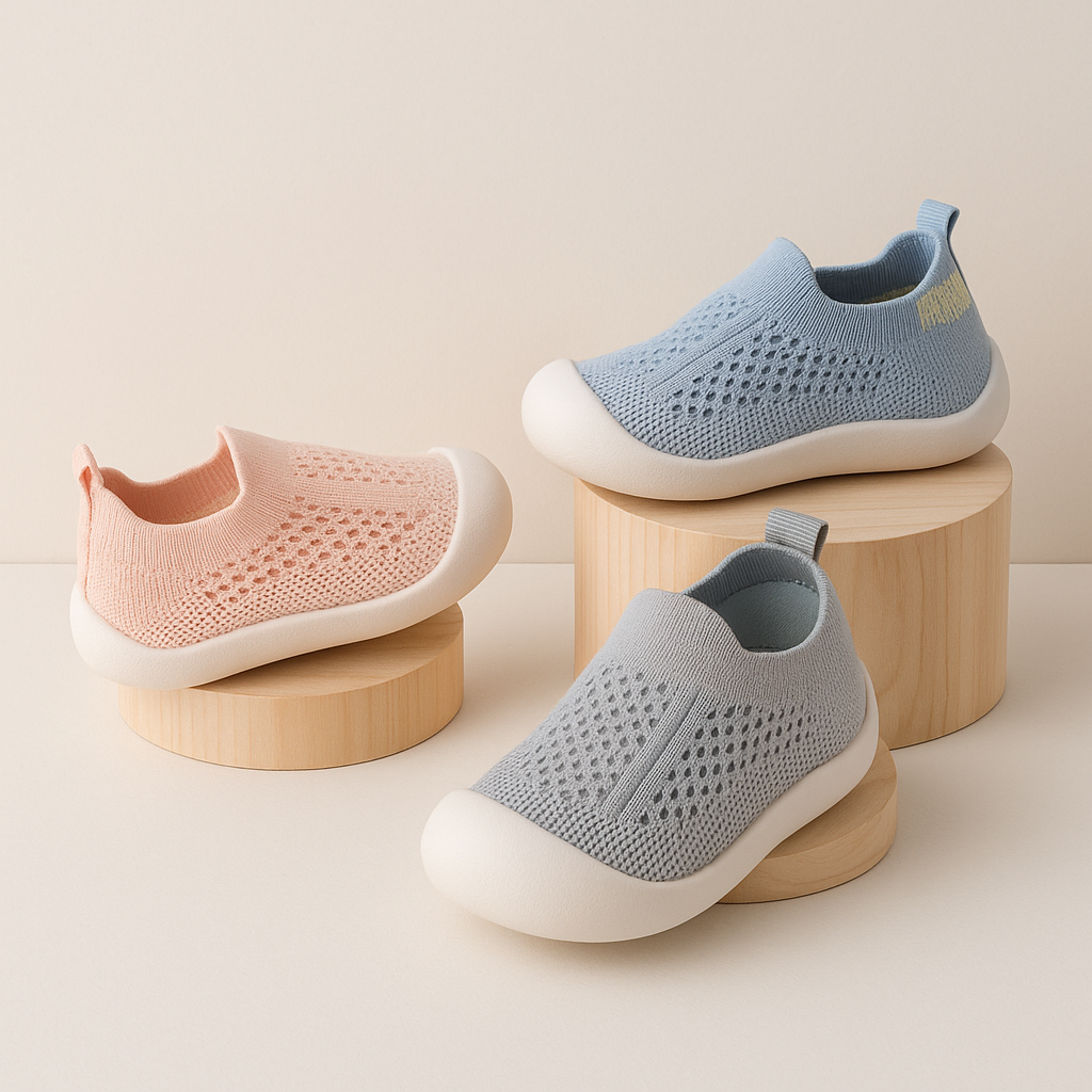 Scarpe da ginnastica per bambini con suole antiscivolo in tonalità pastello, design moderno e struttura traspirante.