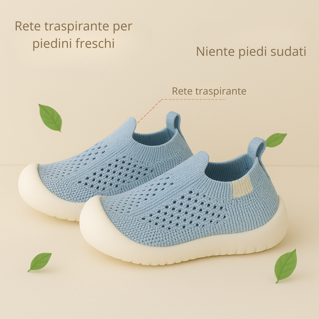 Scarpe da ginnastica per bambini con suole antiscivolo in tonalità pastello, design moderno e struttura traspirante.