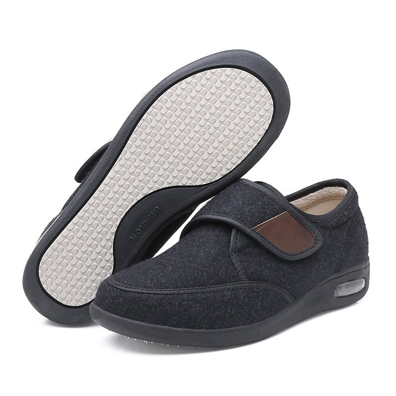 "Scarpe ortopediche ultra-larghe unisex, color nero, cinghie regolabili, suola antiscivolo, comfort e adattabilità."