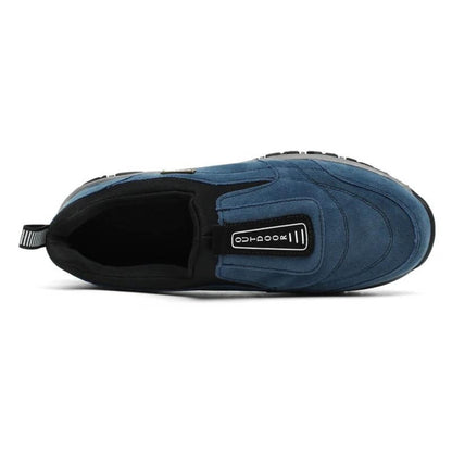 "Scarpe ortopediche uomo in mesh traspirante, design ergonomico, suole antiscivolo, colore blu e grigio, comfort elevato."