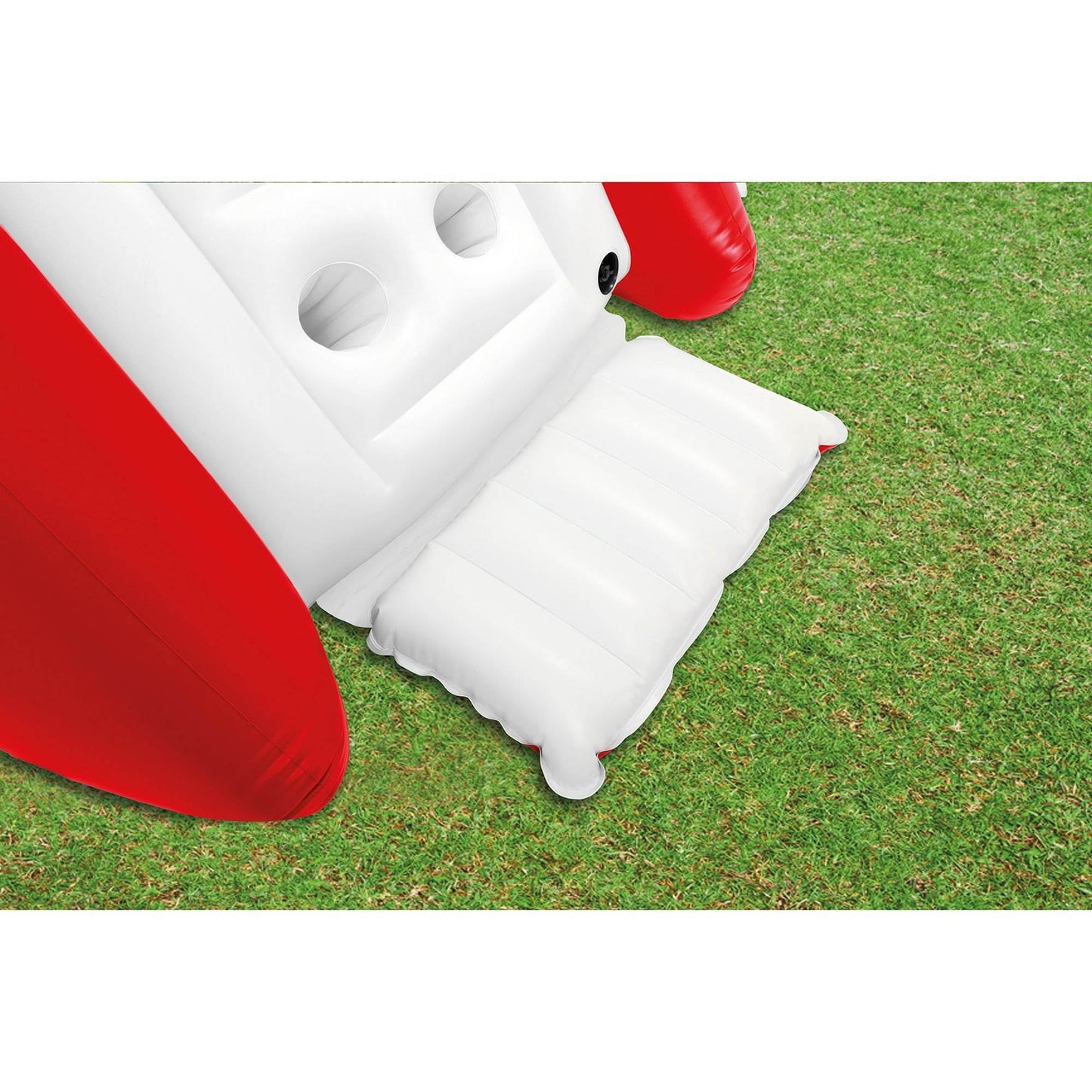 "Scivolo gonfiabile rosso e bianco con spruzzatore per bambini, include box morbido e maniglie per sicurezza, ideale per esta