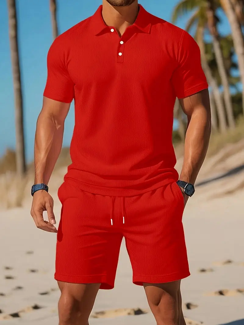 "Set estivo polo uomo, colori solidi, vestibilità versatile, materiale traspirante, ideale per occasioni casual e sportive."