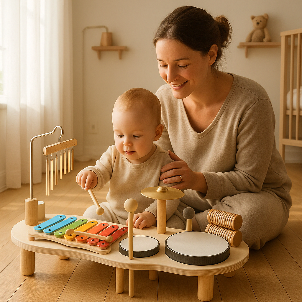Set musicale per bambini in legno, strumenti colorati, tamburo e gong, stimola creatività e abilità musicali.