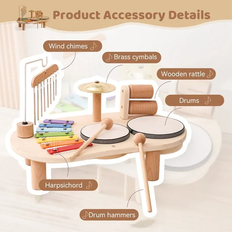 Set musicale per bambini in legno, strumenti colorati, tamburo e gong, stimola creatività e abilità musicali.