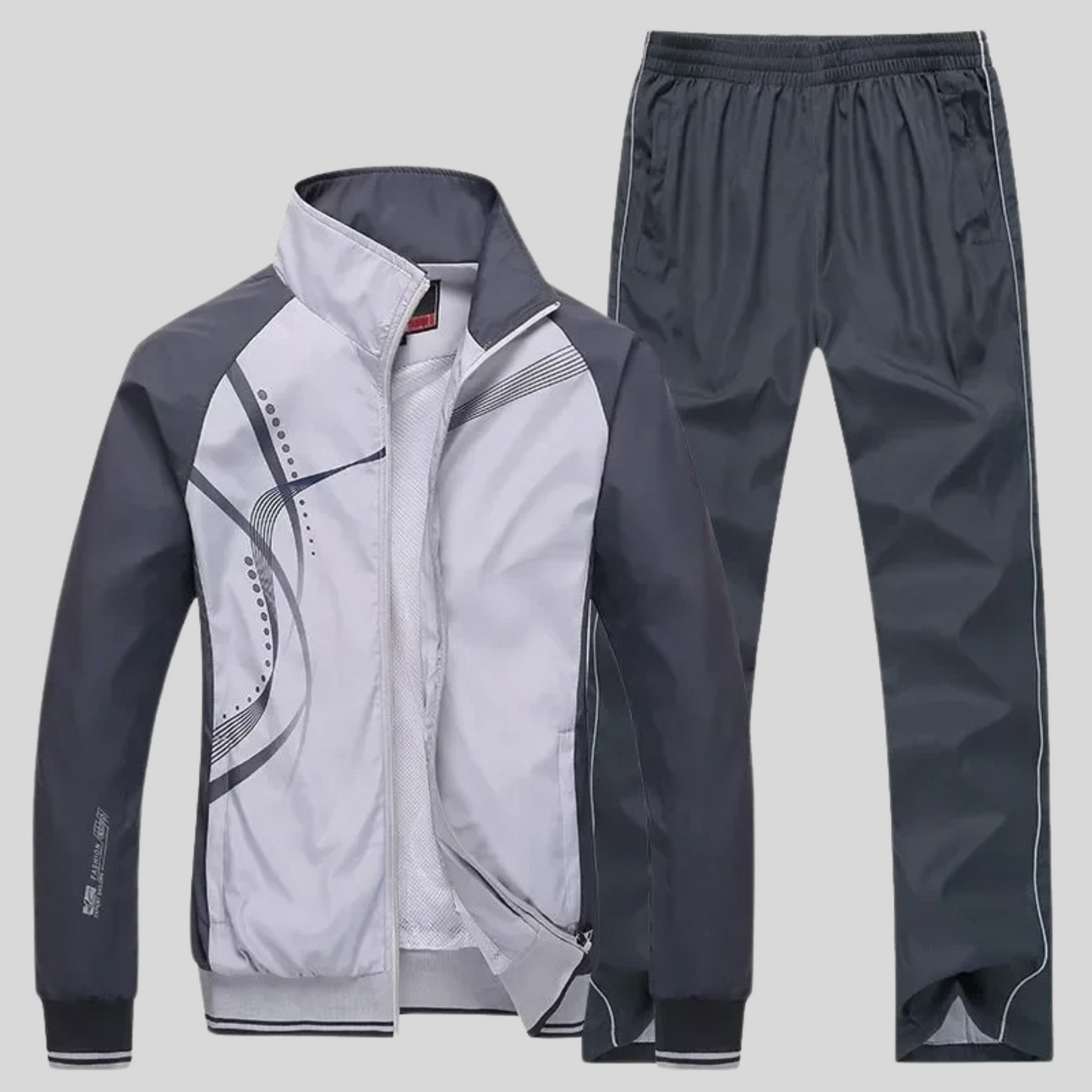 "Set sportivo uomo elegante, tessuto blu scuro, giacca con zip e pantaloni, design moderno, comfort elevato, vestibilità otti