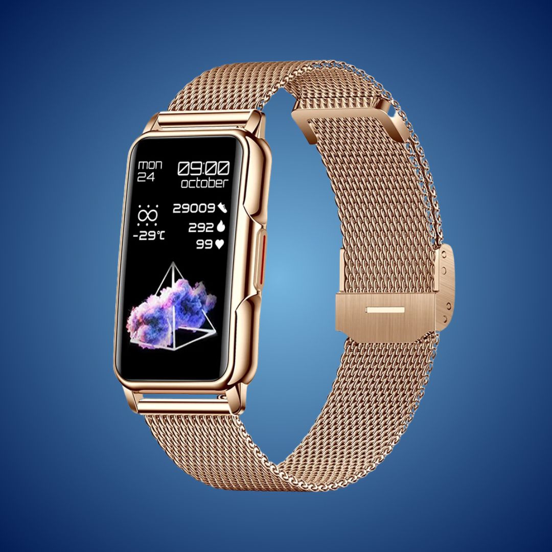 "Smartwatch elegante unisex, quadrante oro o nero, cinturino raffinato. Tracciamento salute avanzato e design resistente."