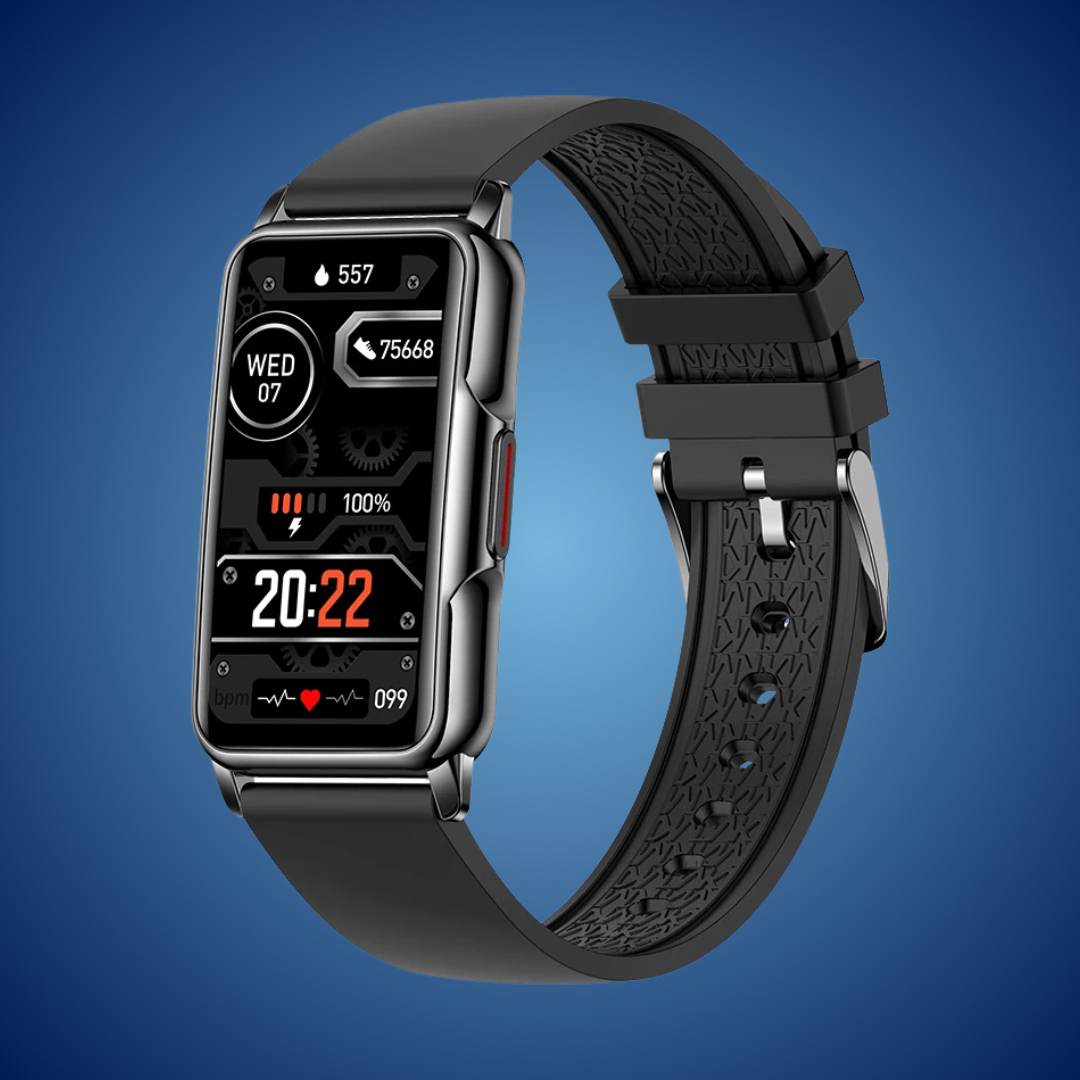 "Smartwatch elegante unisex, quadrante oro o nero, cinturino raffinato. Tracciamento salute avanzato e design resistente."