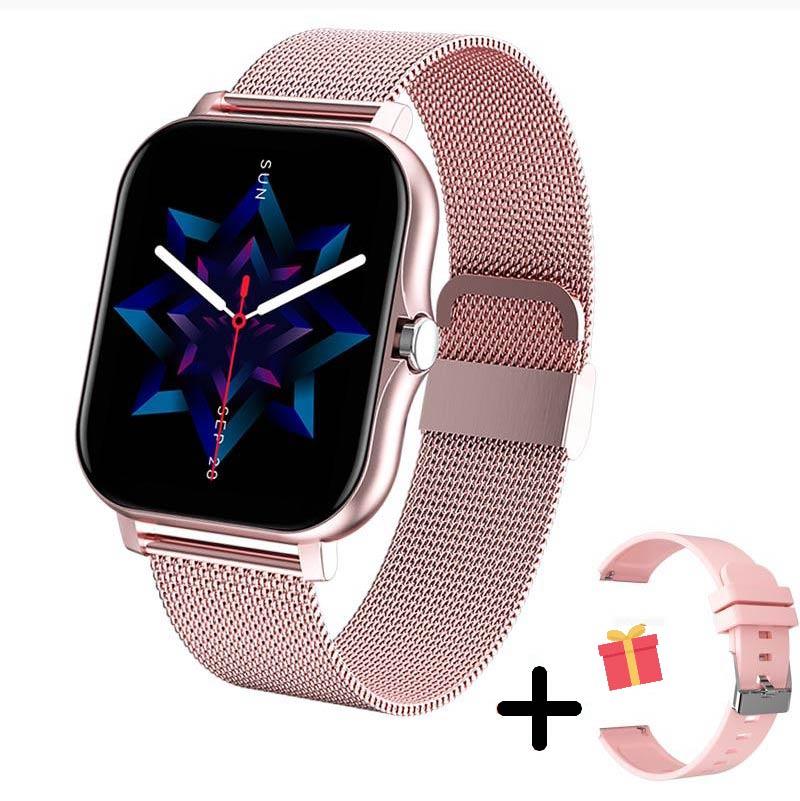 Smartwatch impermeabile con cinturino nero, display digitale luminoso e connessione Bluetooth per fitness e moda.