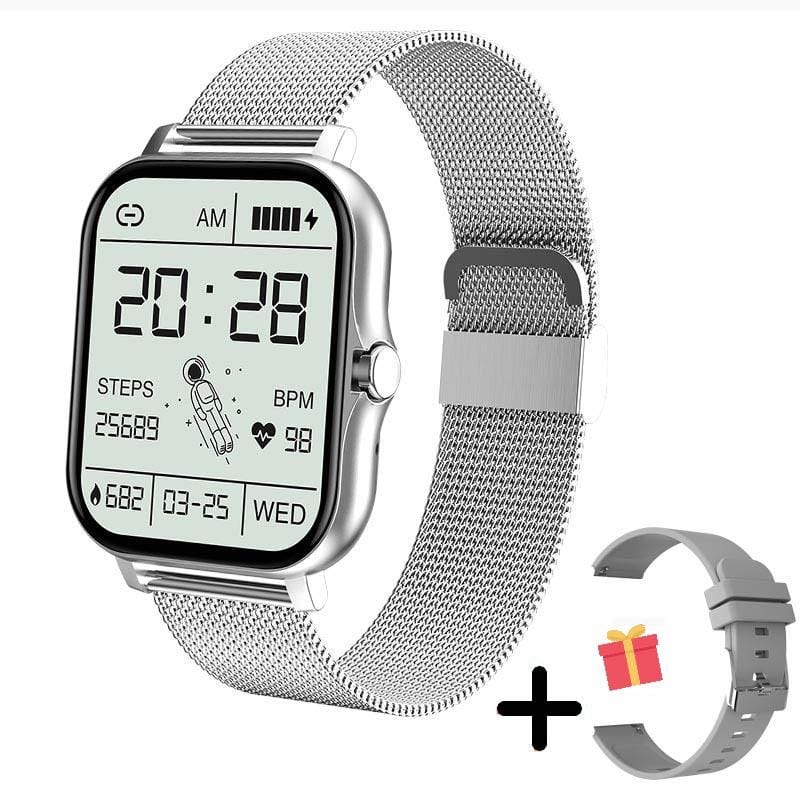 Smartwatch impermeabile con cinturino nero, display digitale luminoso e connessione Bluetooth per fitness e moda.