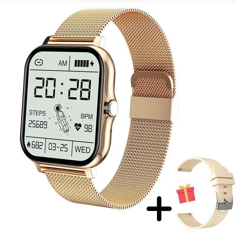 Smartwatch impermeabile con cinturino nero, display digitale luminoso e connessione Bluetooth per fitness e moda.
