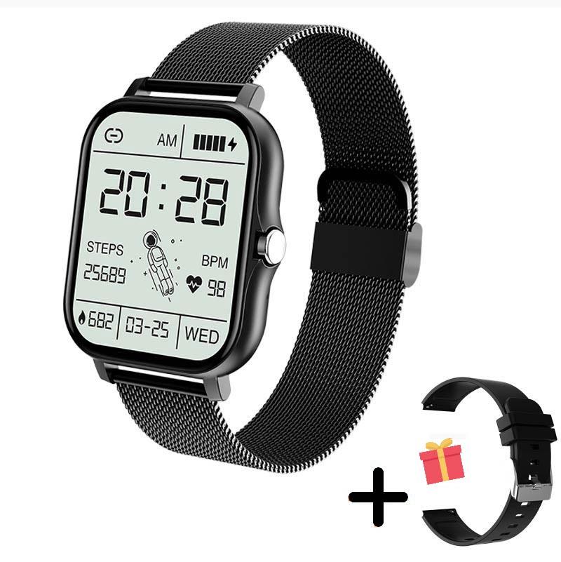 Smartwatch impermeabile con cinturino nero, display digitale luminoso e connessione Bluetooth per fitness e moda.