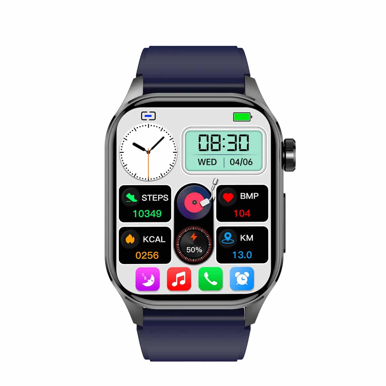 Smartwatch moderno con touchscreen HD, funzioni EKG e pressione sanguigna, compatibile iOS e Android, design elegante.