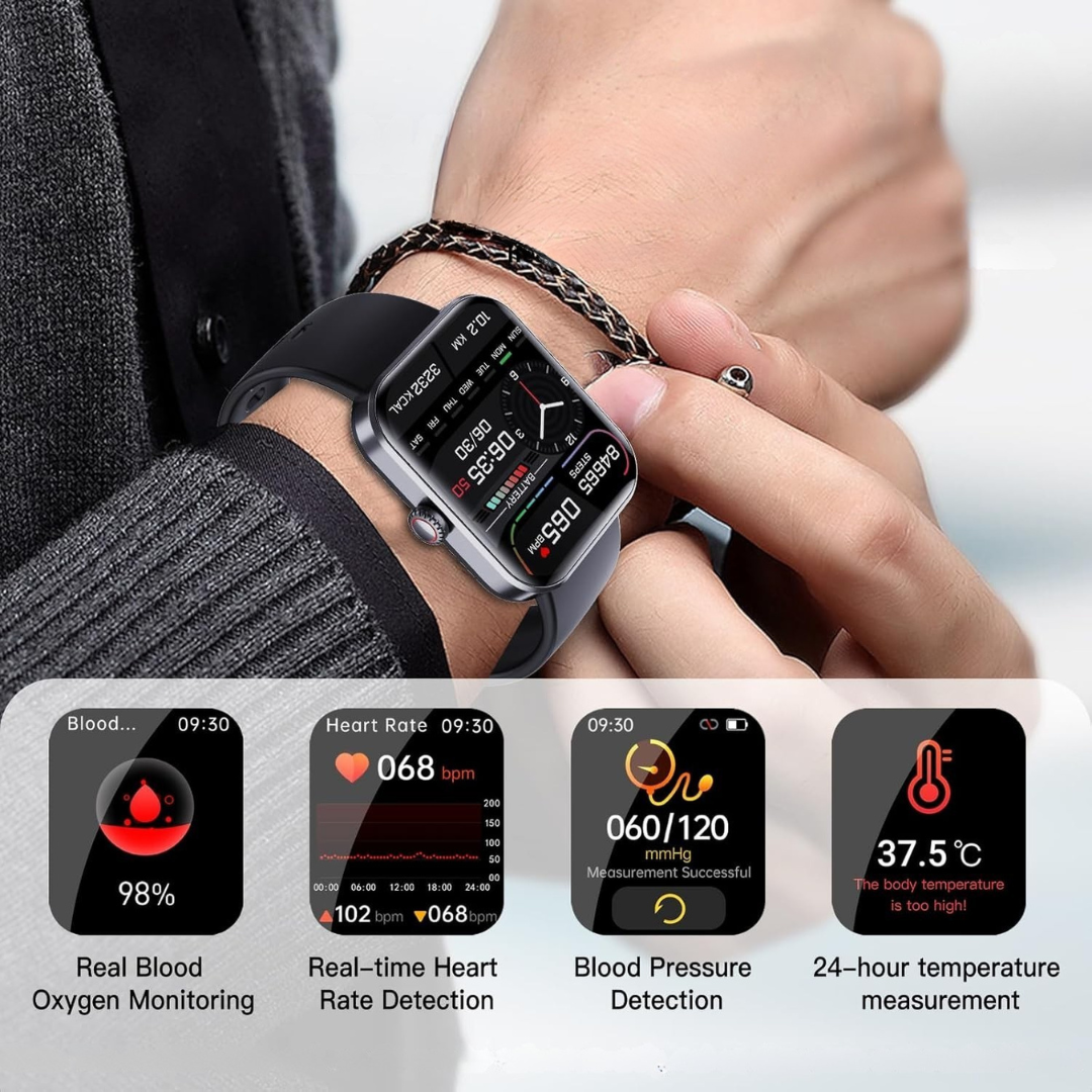 Smartwatch unisex con display rettangolare, cinturino nero, interfaccia digitale e funzione di monitoraggio salute.