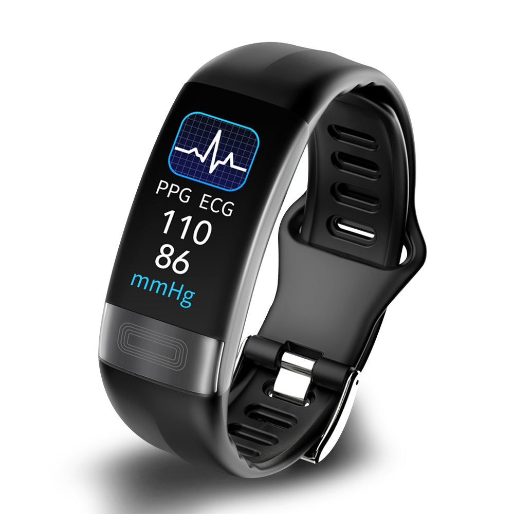 "Smartwatch unisex nero con cinturino in silicone, schermo touchscreen, monitora EKG e frequenza cardiaca."