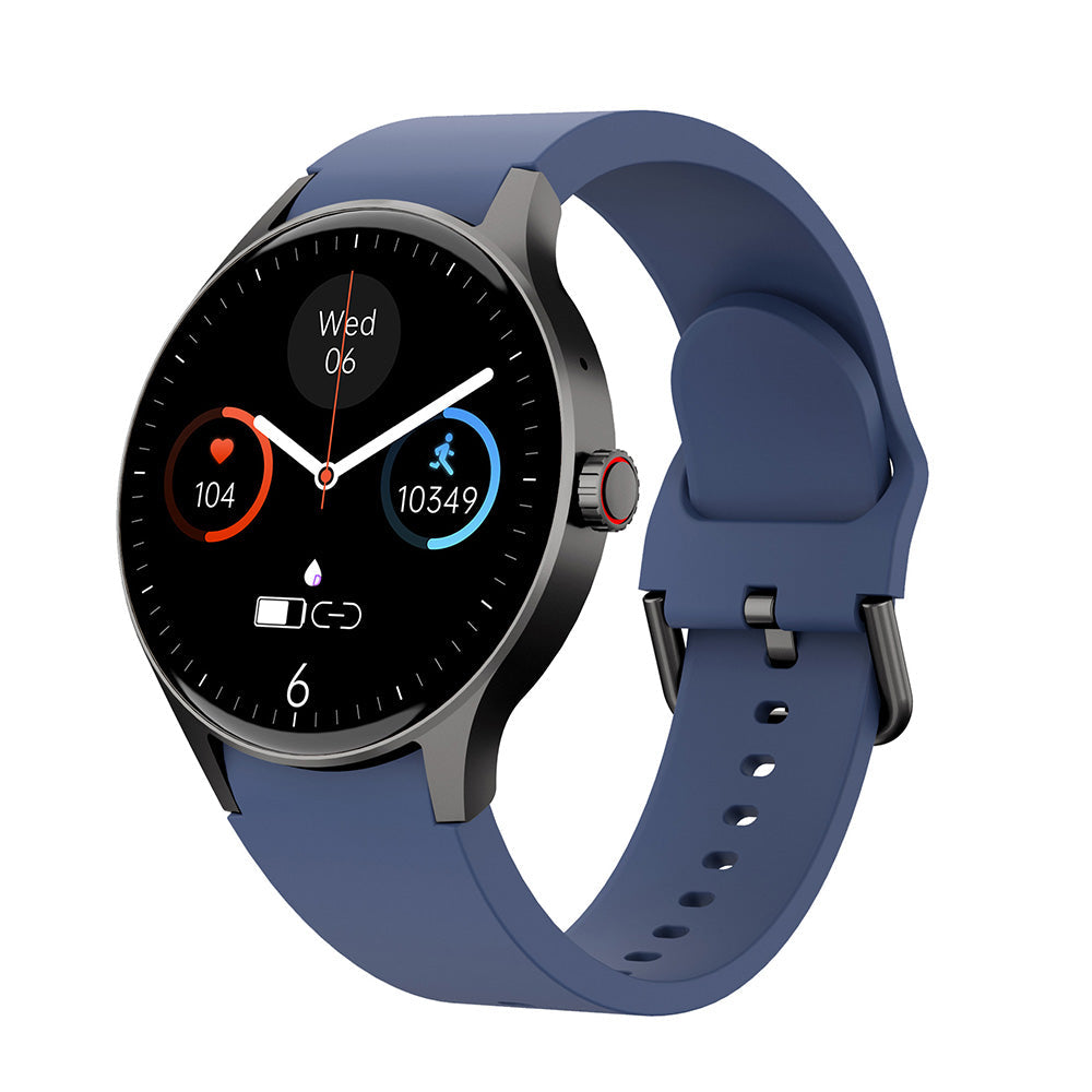 "Smartwatch uomo nero, schermo touch, tracker fitness e pressione, design elegante, ideale per salute e sport."