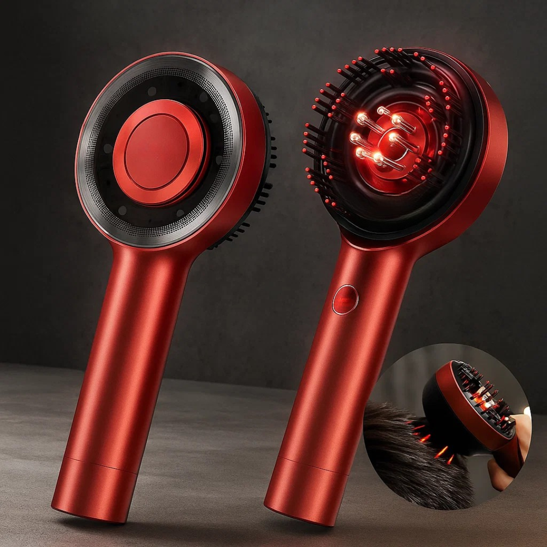 "Spazzola massaggiante per cuoio capelluto con luce rossa, design ergonomico, ideale per stimolare la crescita dei capelli."