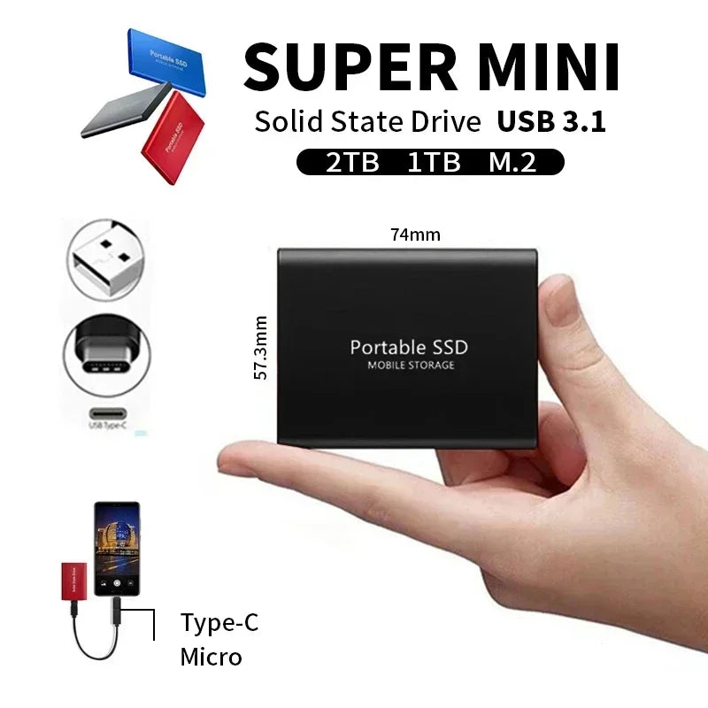 "SSD esterno compatto USB3.1, velocità elevata, design elegante, fino a 2 TB, colori blu, rosso e nero, per professionisti"