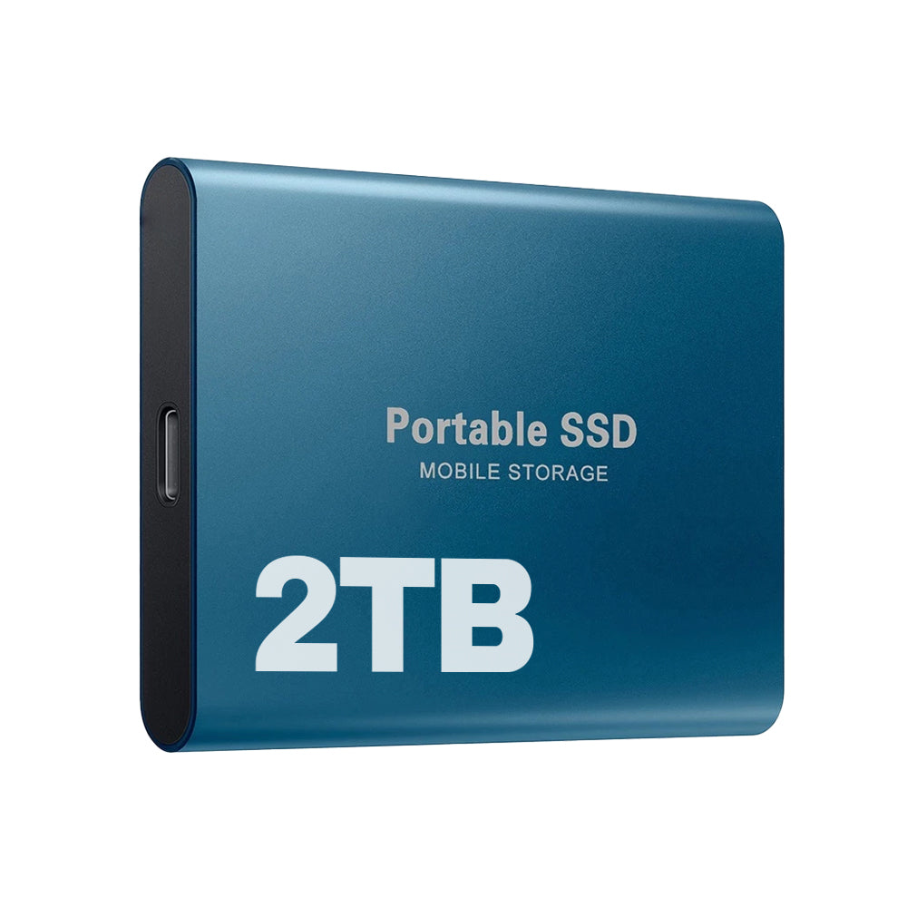 "SSD portatile USB-C antiurto, design compatto blu, nero o rosso, alta velocità trasferimento fino a 1050 MB/s."