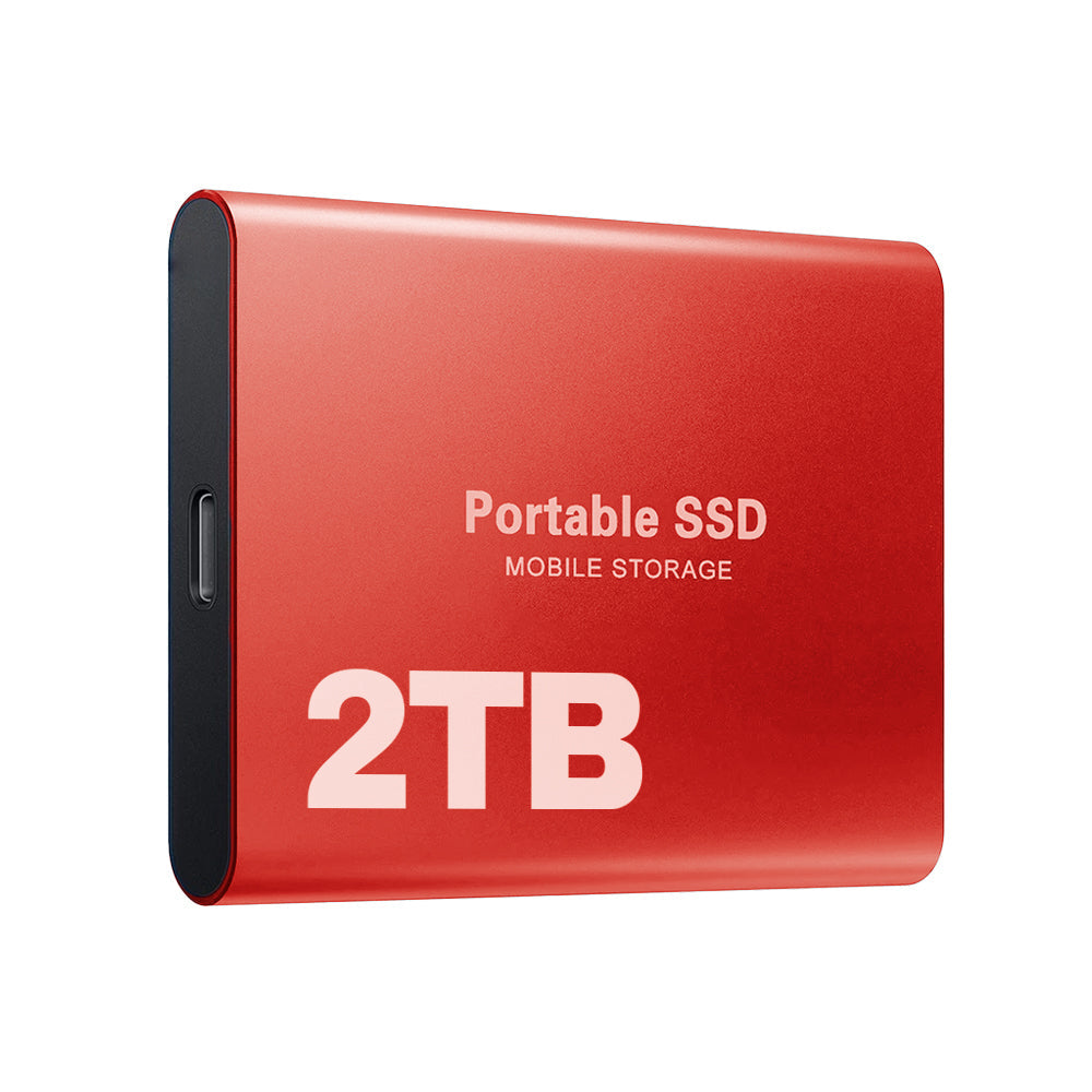 "SSD portatile USB-C antiurto, design compatto blu, nero o rosso, alta velocità trasferimento fino a 1050 MB/s."