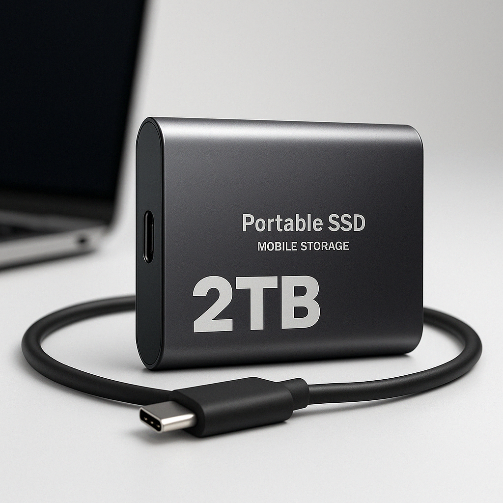 "SSD portatile USB-C antiurto, design compatto blu, nero o rosso, alta velocità trasferimento fino a 1050 MB/s."