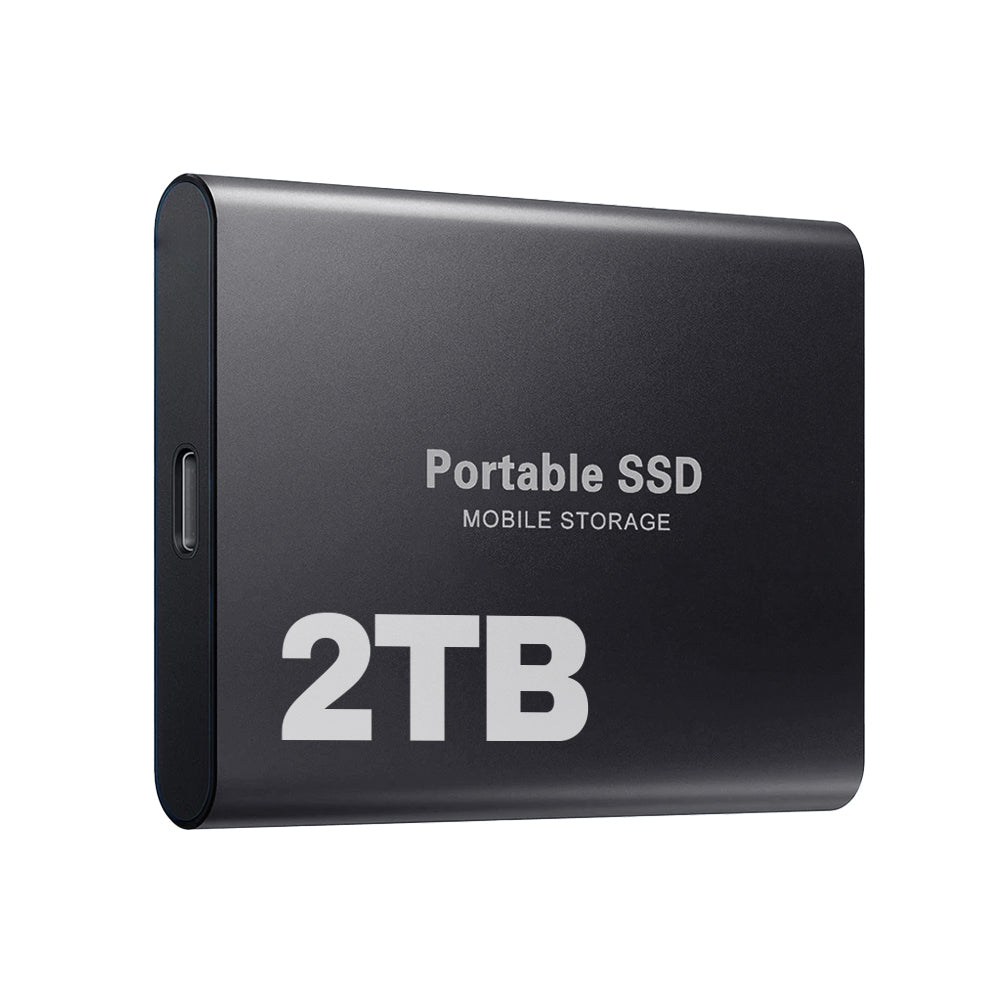 "SSD portatile USB-C antiurto, design compatto blu, nero o rosso, alta velocità trasferimento fino a 1050 MB/s."