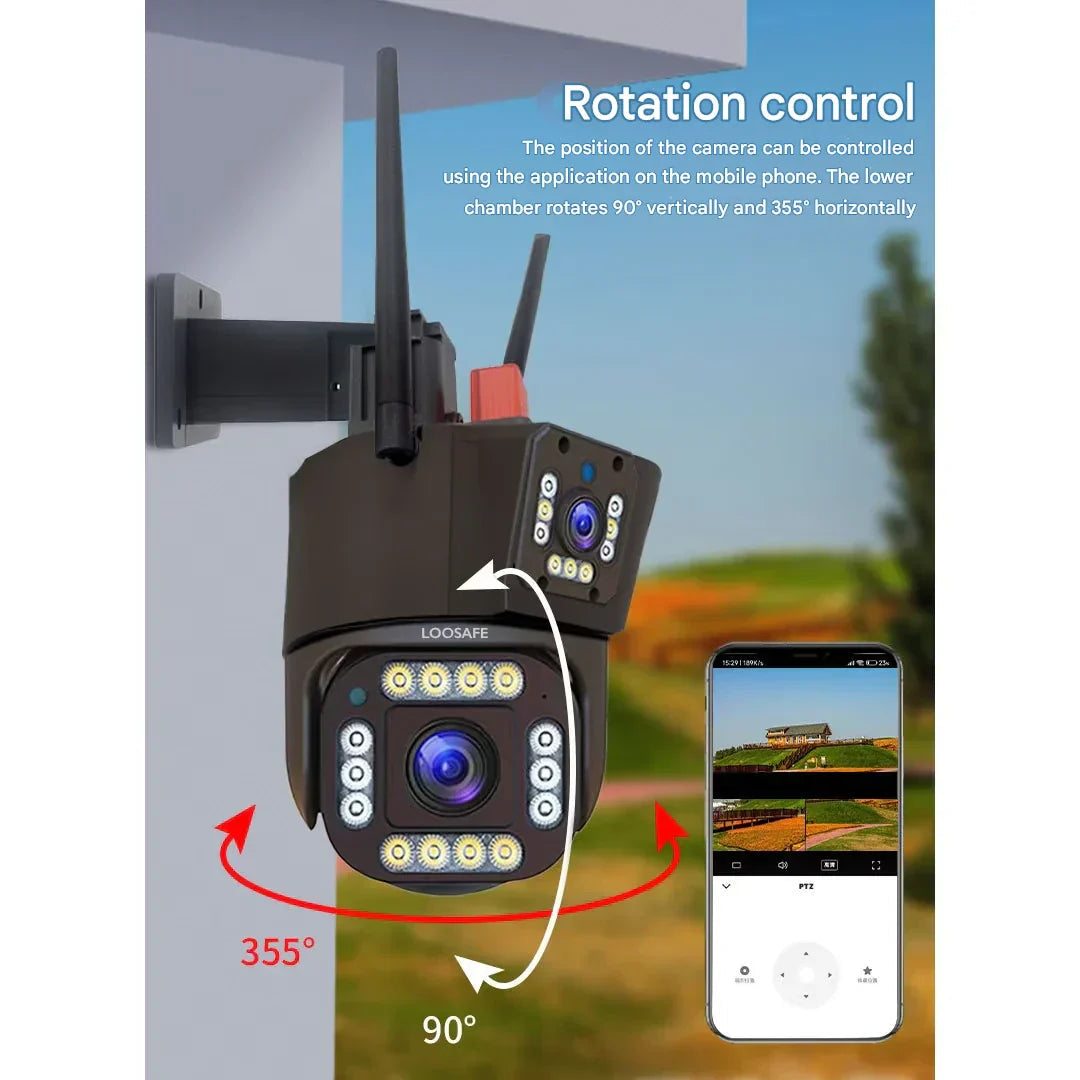 Telecamera di sicurezza 4K wireless con pannello solare, doppio obiettivo e design compatto per monitoraggio esterno.
