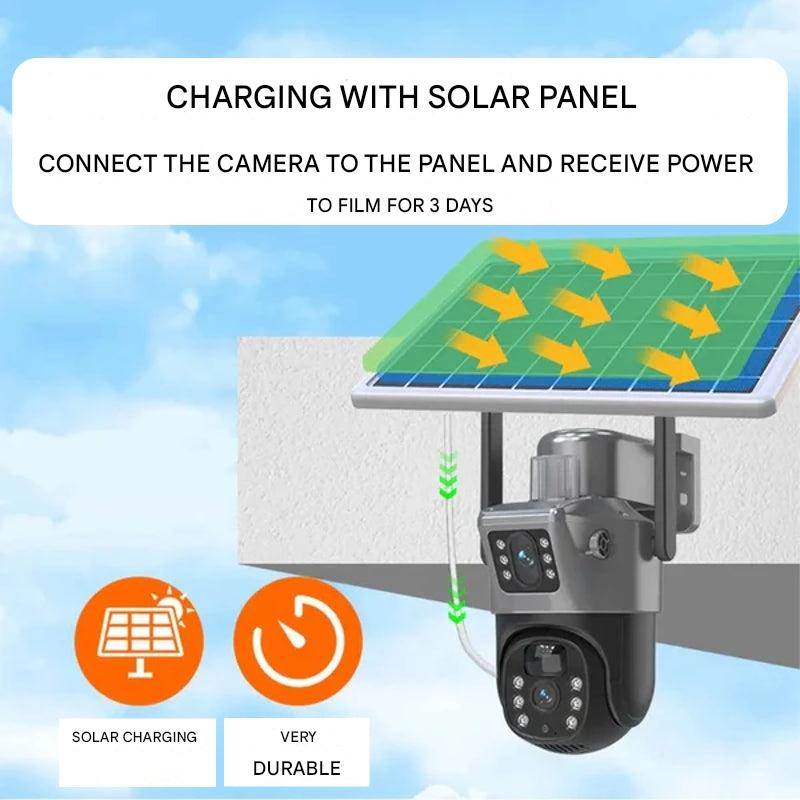 Telecamera di sicurezza 4K wireless, design elegante con pannello solare, obiettivo doppio e zoom 10x per immagini nitide.