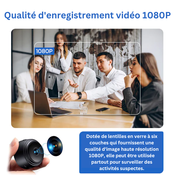 "Telecamera sicurezza Full HD, visione notturna, design compatto, obiettivo 160°, ideale casa e ufficio, controllo remoto."