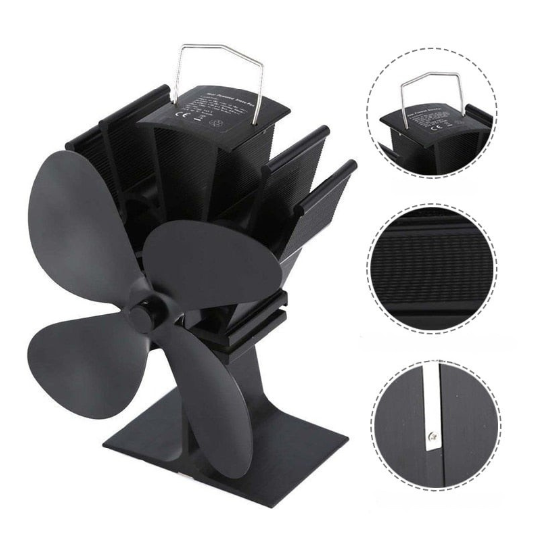 Ventola ecologica nera a calore con 4 pale in alluminio per caminetti, distribuisce aria calda efficacemente senza elettricit
