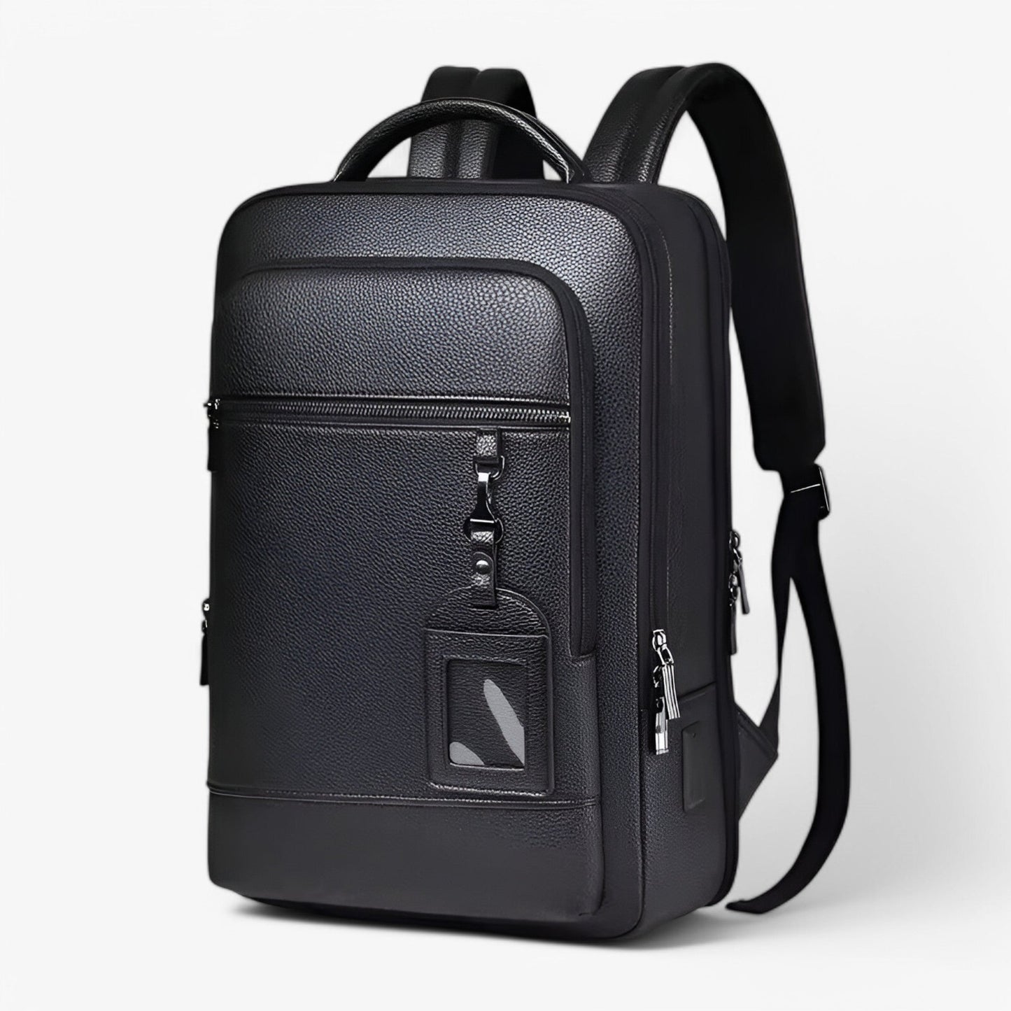 "Zaino in pelle elegante con porta USB, colore nero, design moderno, ideale per lavoro e viaggi. Praticità e stile unite."