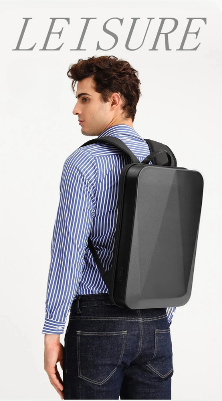 "Zaino laptop antifurto unisex, impermeabile, espandibile, con porta USB, nero, design moderno, ideale per viaggiatori."