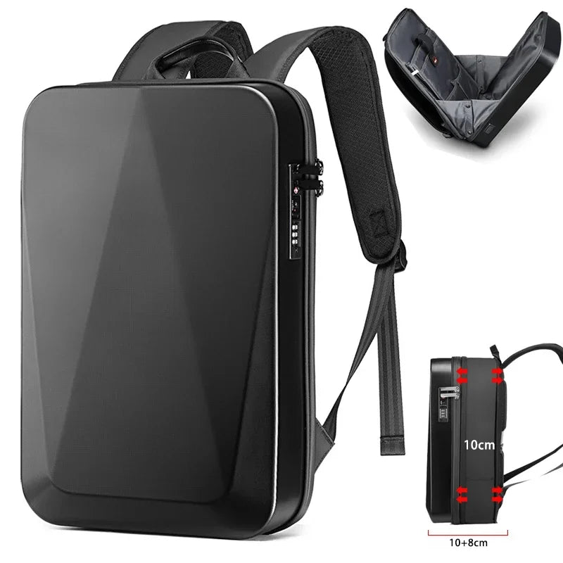 "Zaino laptop antifurto unisex, impermeabile, espandibile, con porta USB, nero, design moderno, ideale per viaggiatori."