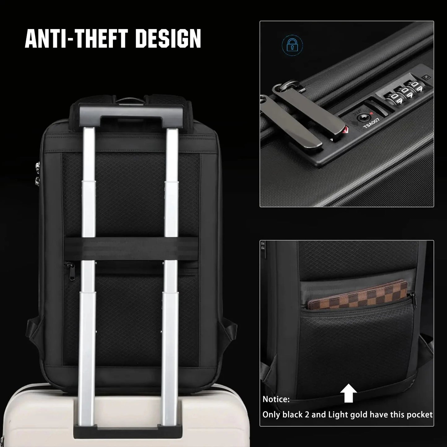 "Zaino laptop antifurto unisex, impermeabile, espandibile, con porta USB, nero, design moderno, ideale per viaggiatori."