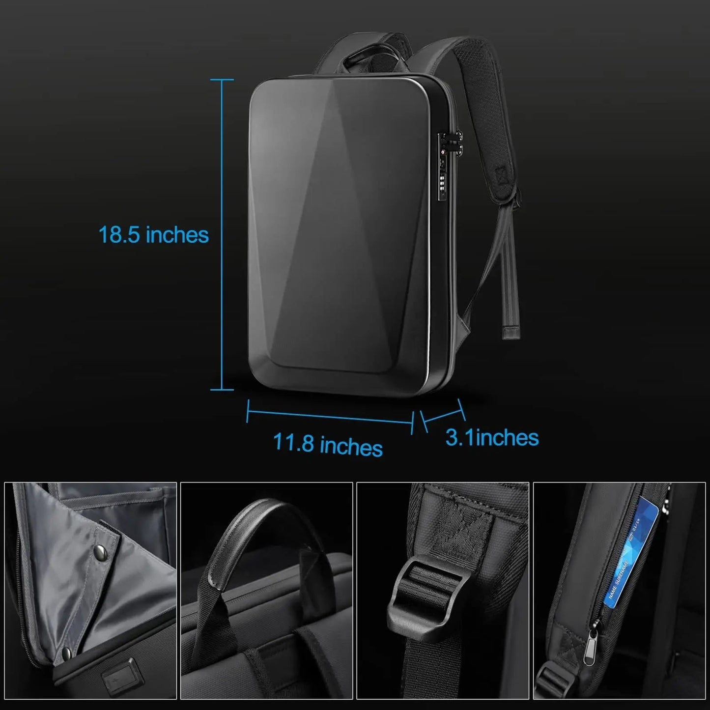"Zaino laptop antifurto unisex, impermeabile, espandibile, con porta USB, nero, design moderno, ideale per viaggiatori."