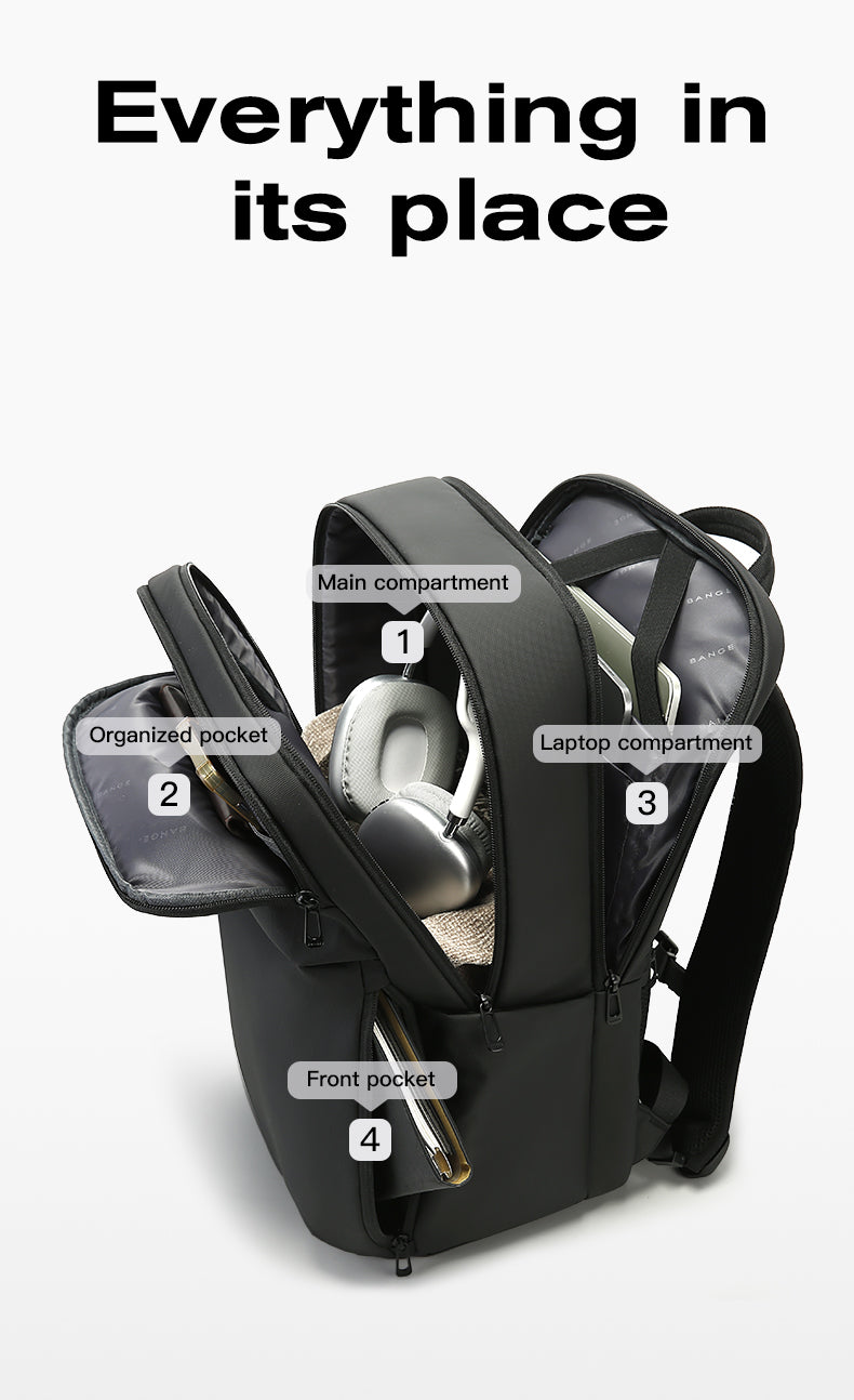 "Zaino uomo sottile impermeabile, colori eleganti, scomparto laptop 15,6 pollici, stile urbano, comfort garantito."
