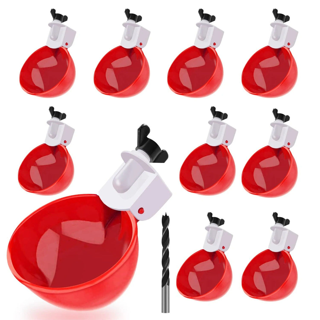 10-pack automatic chicken waterer for poultry, ducks, & quail. Self-filling coop hydration system.
