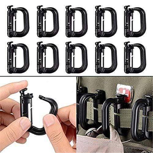 10-pack black D-Ring locking clips for Molle webbing, tactical gear backpack attachment