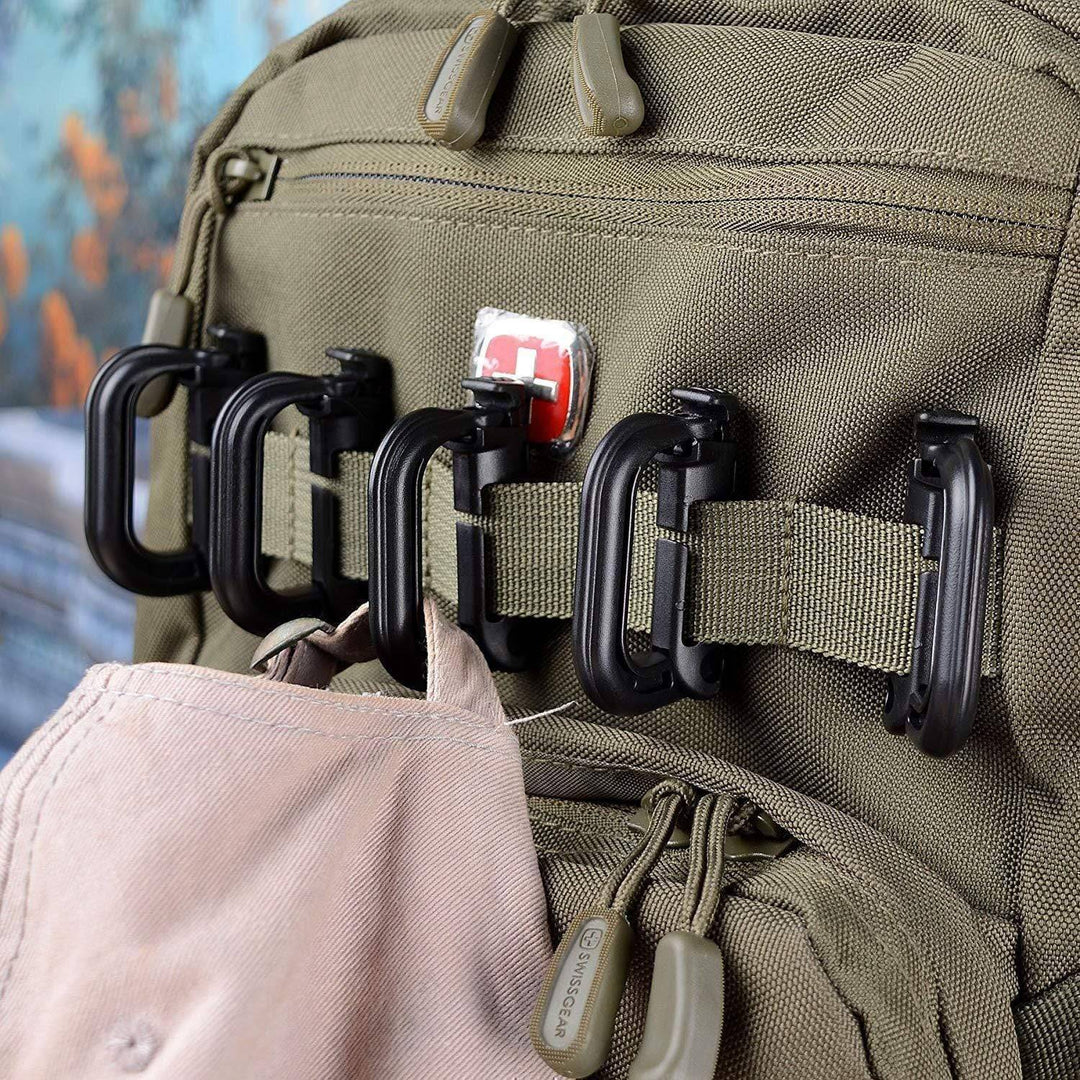 Set of 10 Molle D-Ring clips, essential carabiner-style attachments for camping gear
