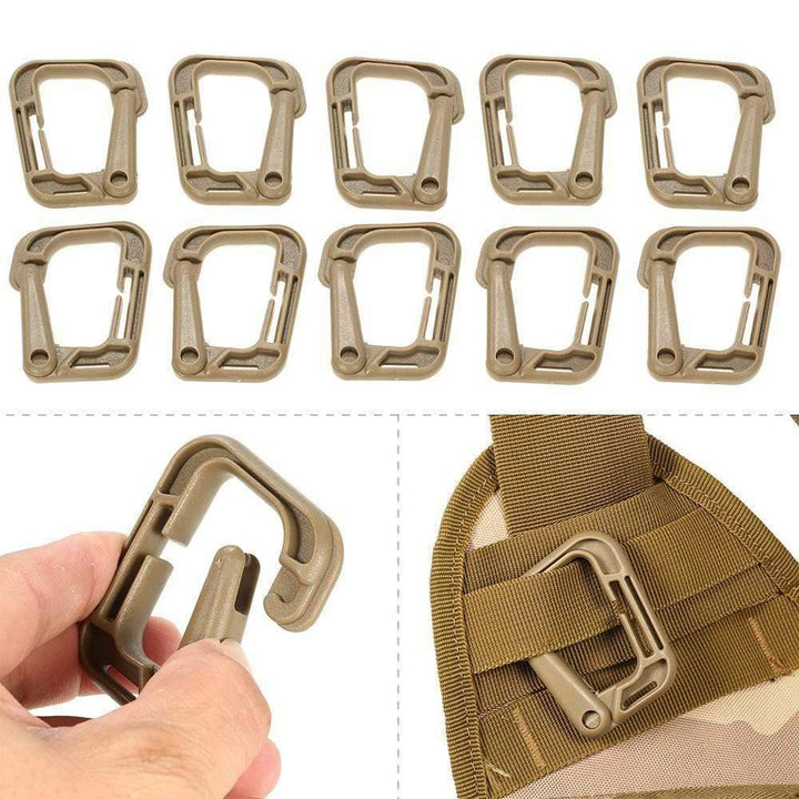 Collection of ten D-Ring Molle clips, heavy-duty webbing attachments for outdoor use