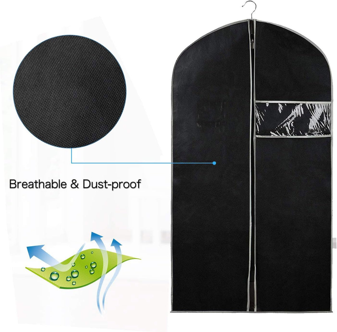 Wardrobe protection: 10-pack breathable garment dust covers for suit, dress, and seasonal clothing storage.