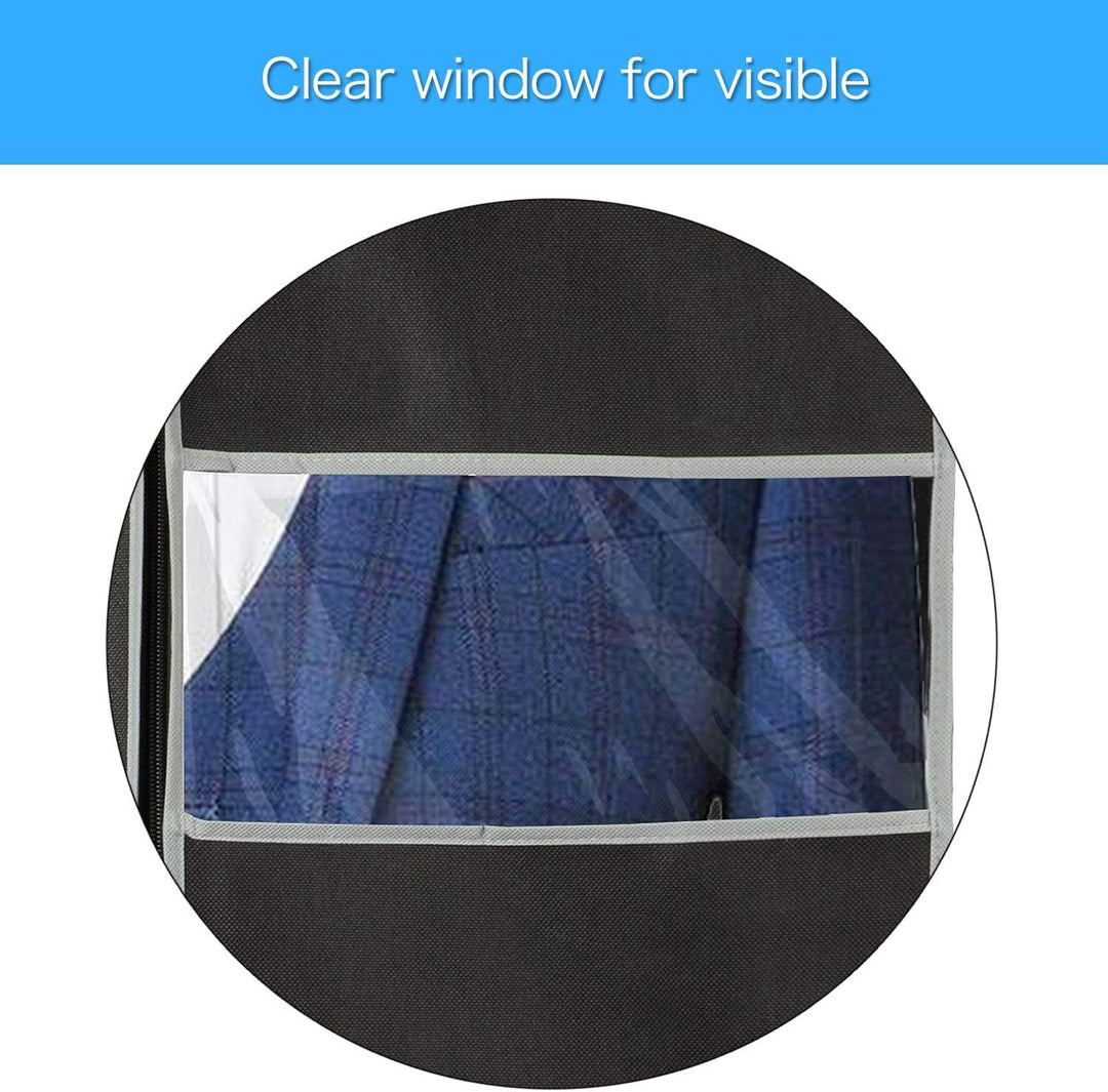 Reusable zippered garment bags with clear window for dust-free clothing storage & travel protection.