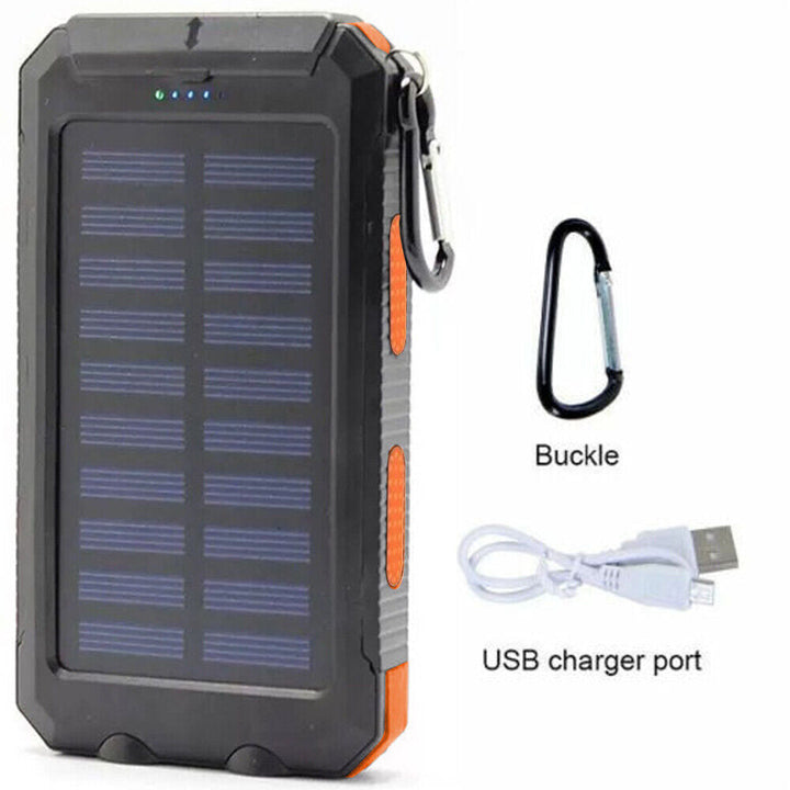 Reliable 10000mAh solar power bank, rugged outdoor gear, integrated LED light for visibility