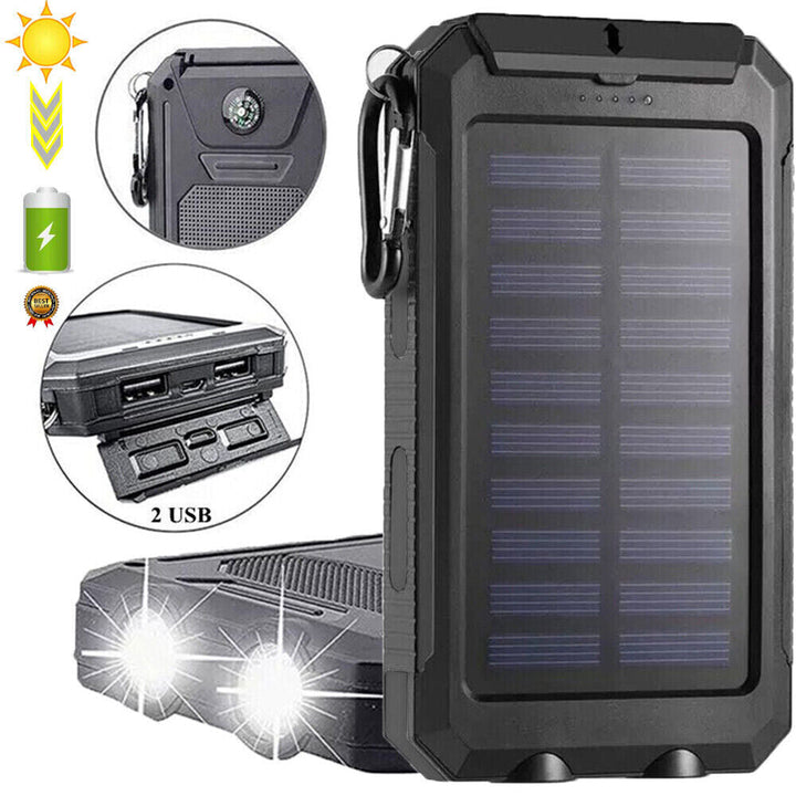 Rugged 10000mAh solar power bank, shockproof, waterproof, with built-in LED flashlight