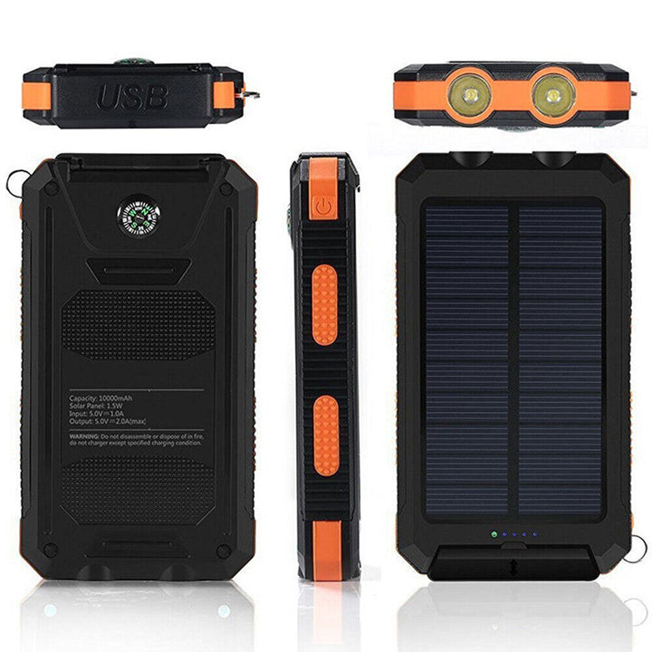 Portable 10000mAh solar charger with dual USB outputs for phones and tablets, black finish