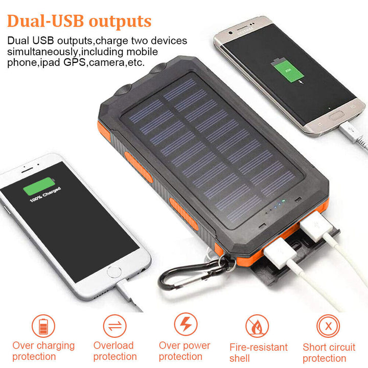 Waterproof 10000mAh solar power bank, essential emergency power for phones & devices