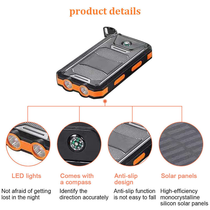 Shockproof 10000mAh solar charger with LED flashlight, perfect for hiking and outdoor use