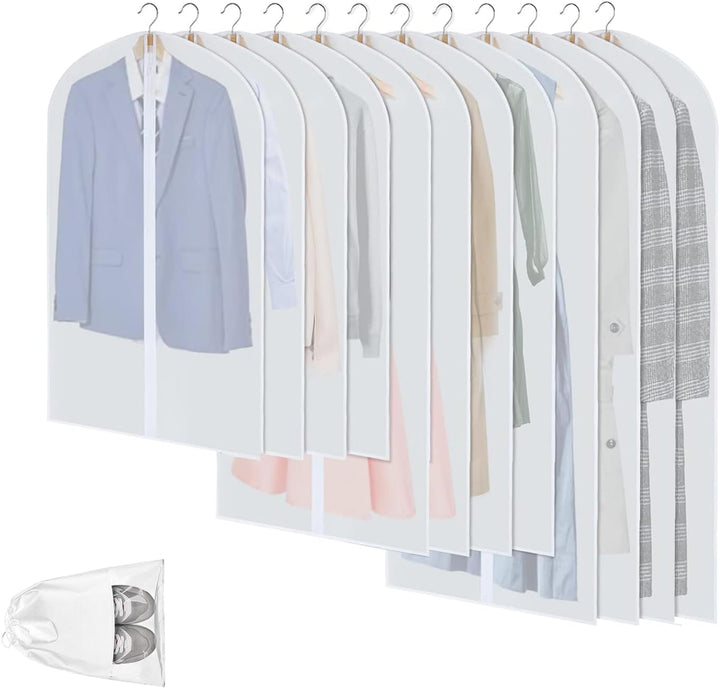 12-pack clear PEVA garment bags for clothing storage & protection. Keep wardrobe dust-free and organized.