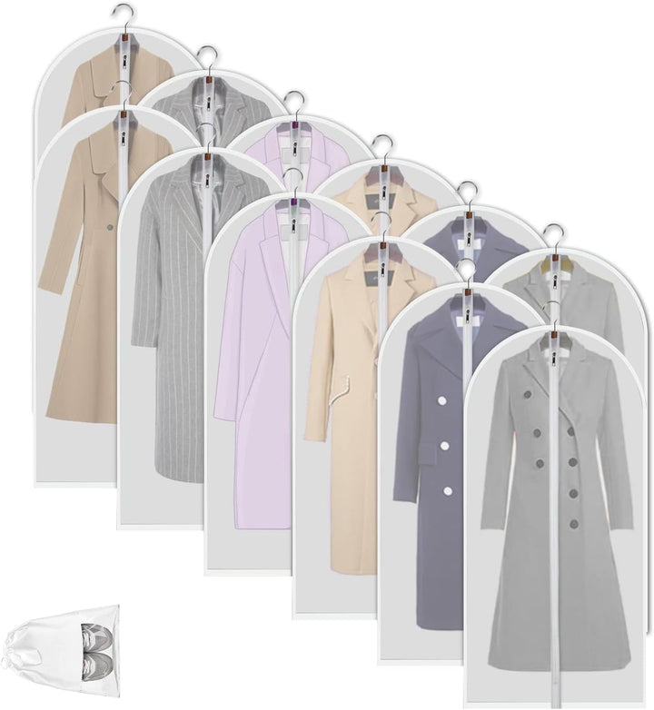 12 clear PEVA garment bags; see clothes easily. Perfect closet organizer & effective dust cover solution.