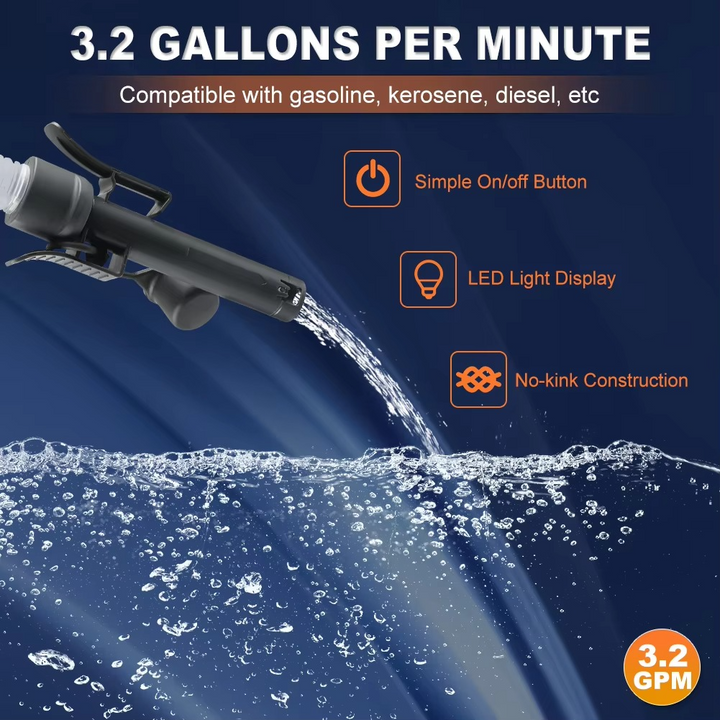 Close-up of auto-stop nozzle on 12V fuel transfer pump, highlighting leak protection feature for safe operation.